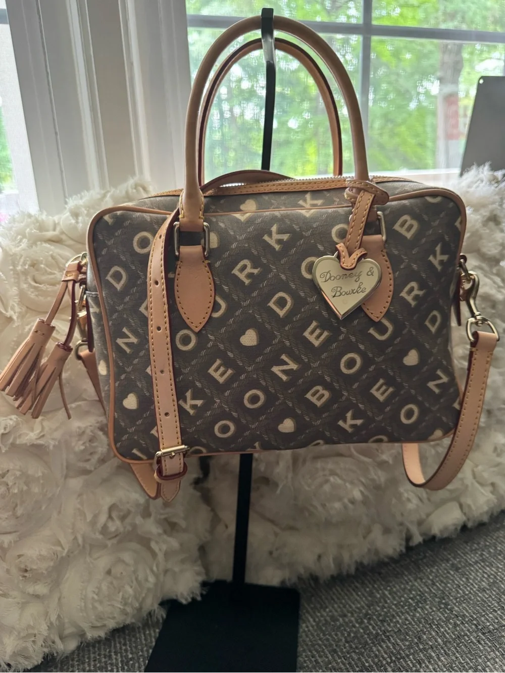 New -Dooney & Bourke Samuela Small Suitcase Satchel Crossbody Brown Monogram EUC